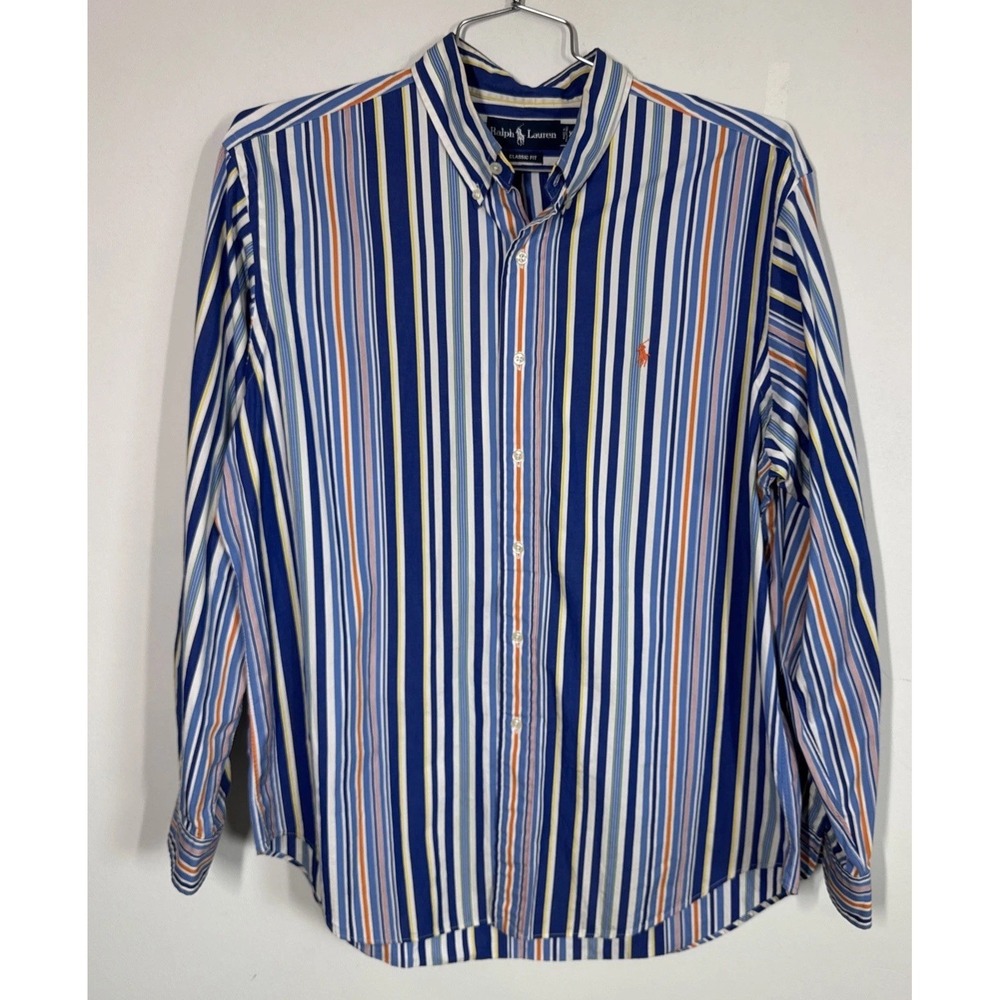 Vtg Ralph Lauren Classic Fit Vibrant Striped Long Sleeve‎ Button Down Shirt XL